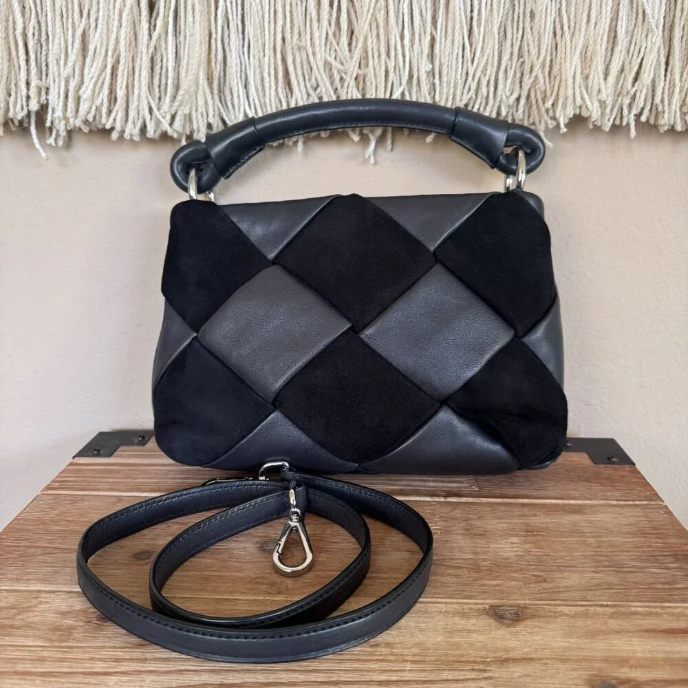 & Other Stories Black Braided Leather Suede Silver Hardware Top Handle Crossbody
